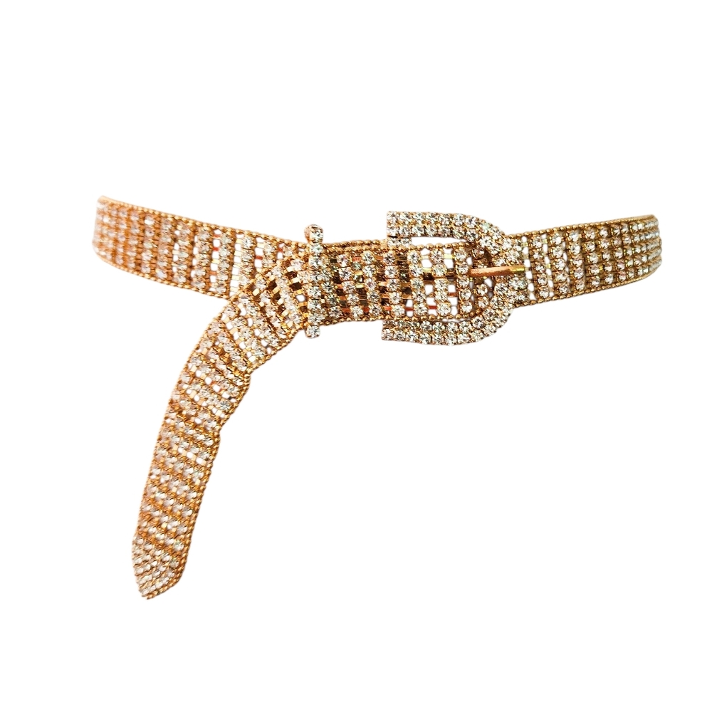 Y2K rhinestone belt yellow gold tone adjustable length rhinestone buckle